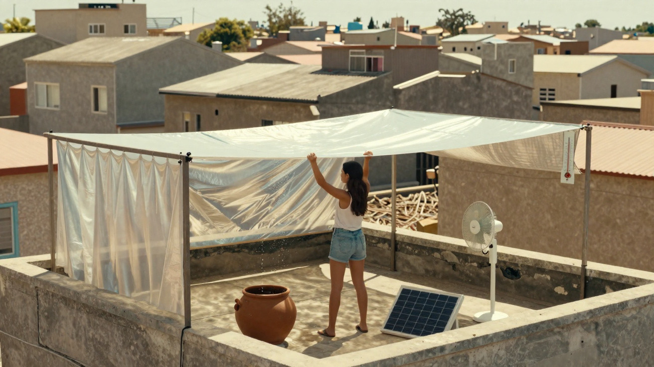Young woman adjusts plastic sheet on rooftop shade with solar panel, fan, and terracotta pot in urban area.