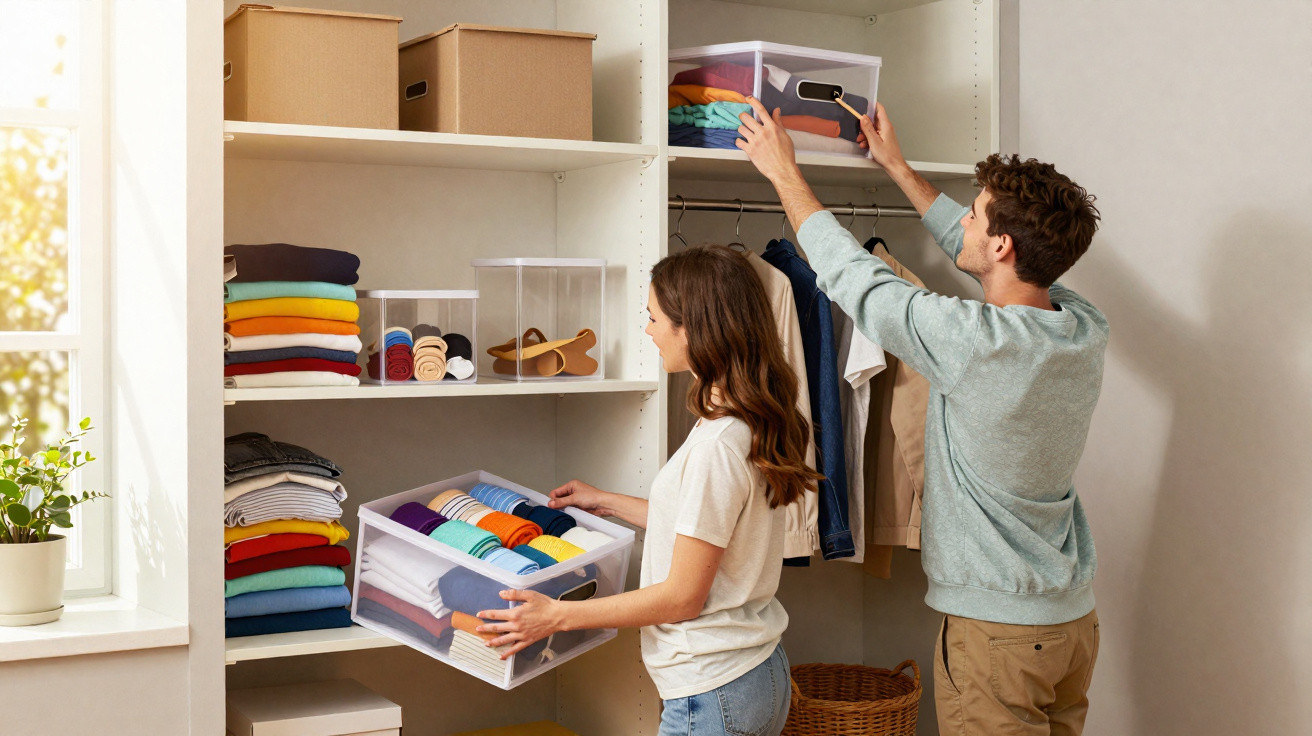 Young couple organising clothes and storage boxes in a tidy, well-lit wardrobe.