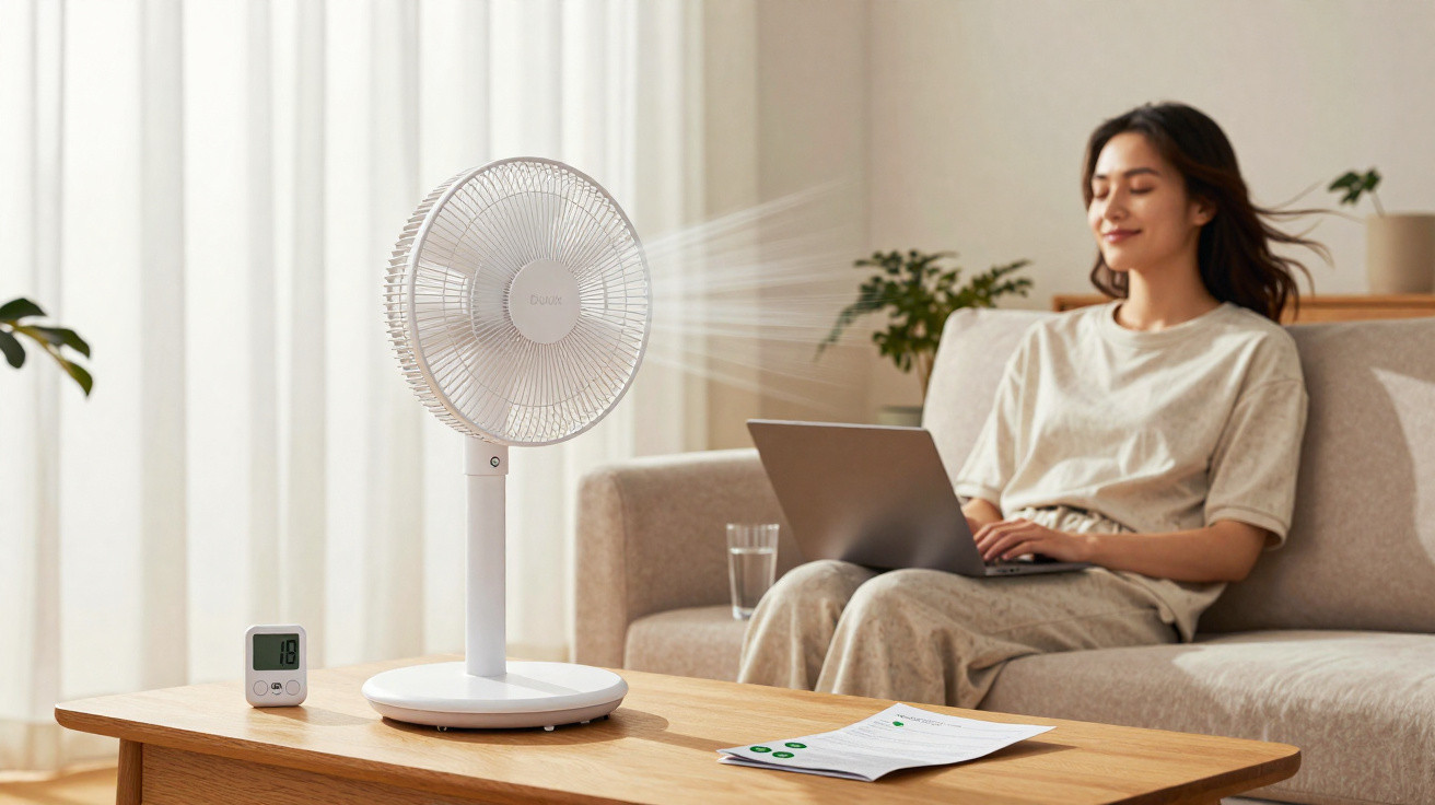 Woman sitting on sofa using laptop with a white fan blowing air on a wooden coffee table in front.
