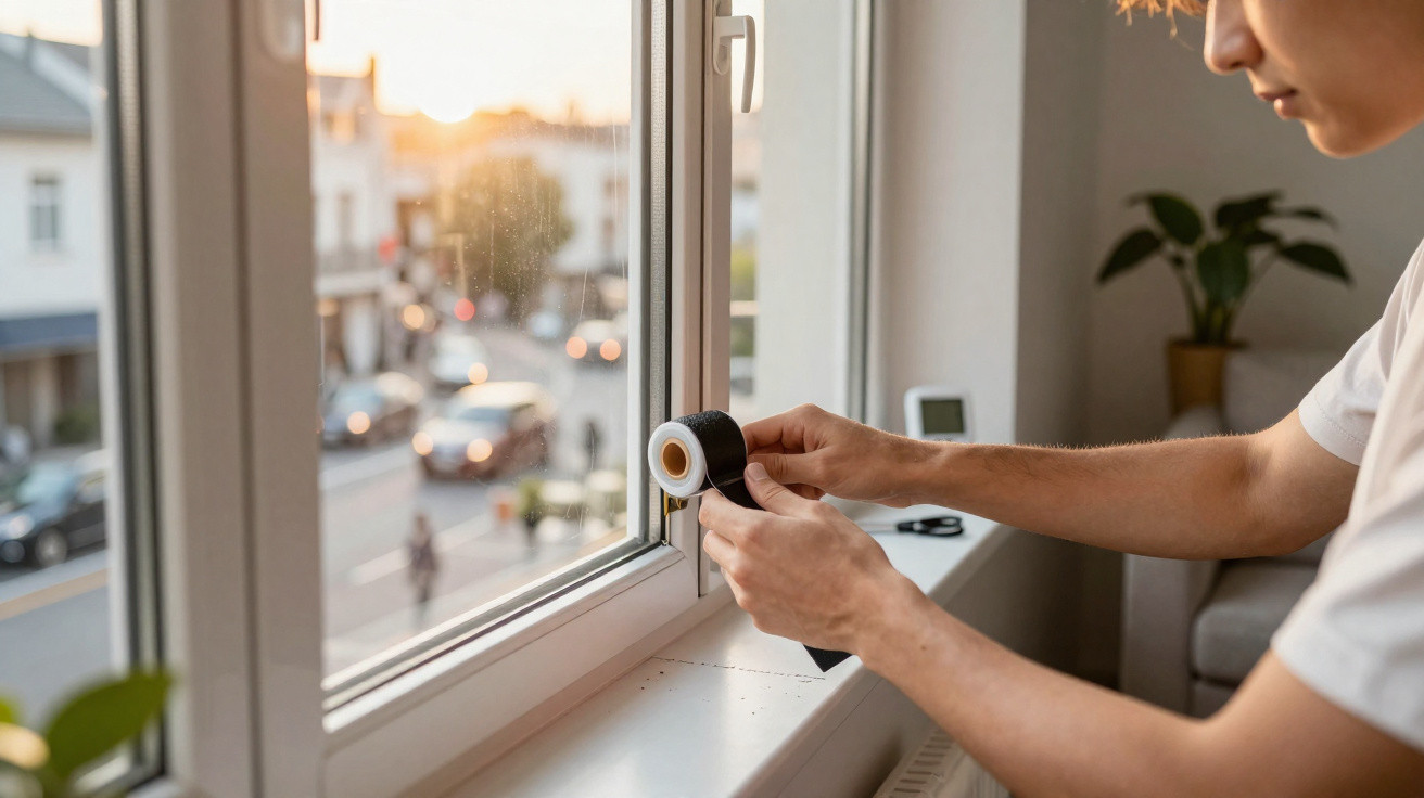 Person applying black weatherproof tape to the inside edge of a window frame at sunset.