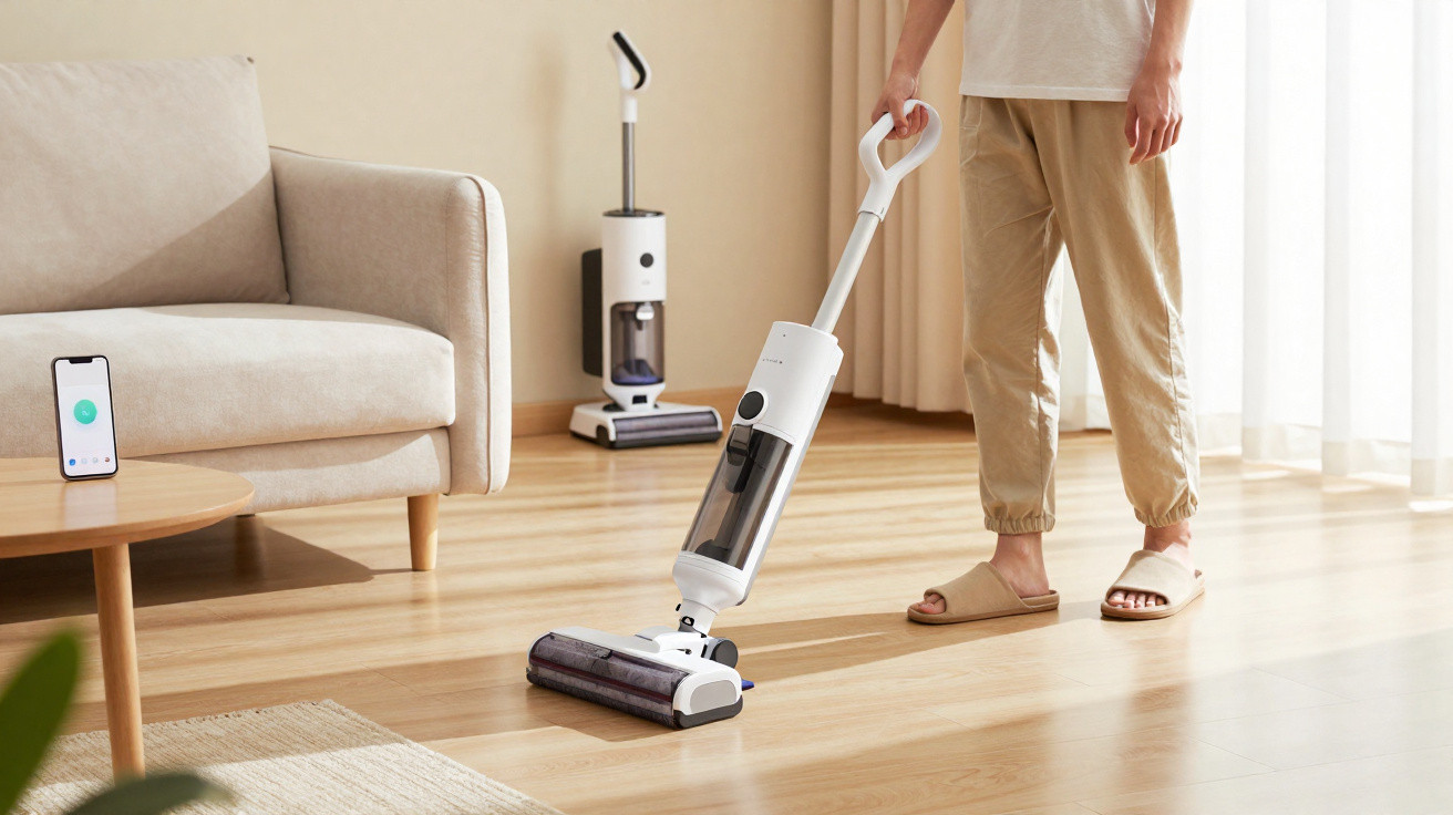 Person using a white cordless vacuum on wooden floor in a bright living room beside a beige sofa and a smartphone.