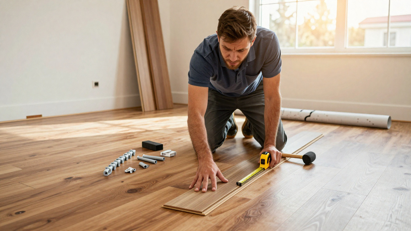 Man kneeling on wooden floor measuring a plank with a tape measure and rubber mallet nearby.
