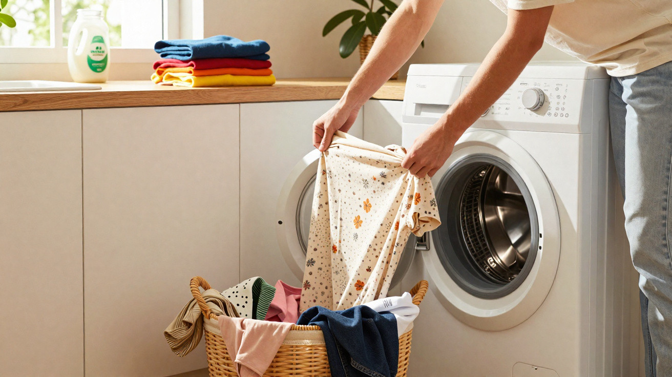 Person loading floral patterned clothes into a front-loading washing machine in a bright laundry room.