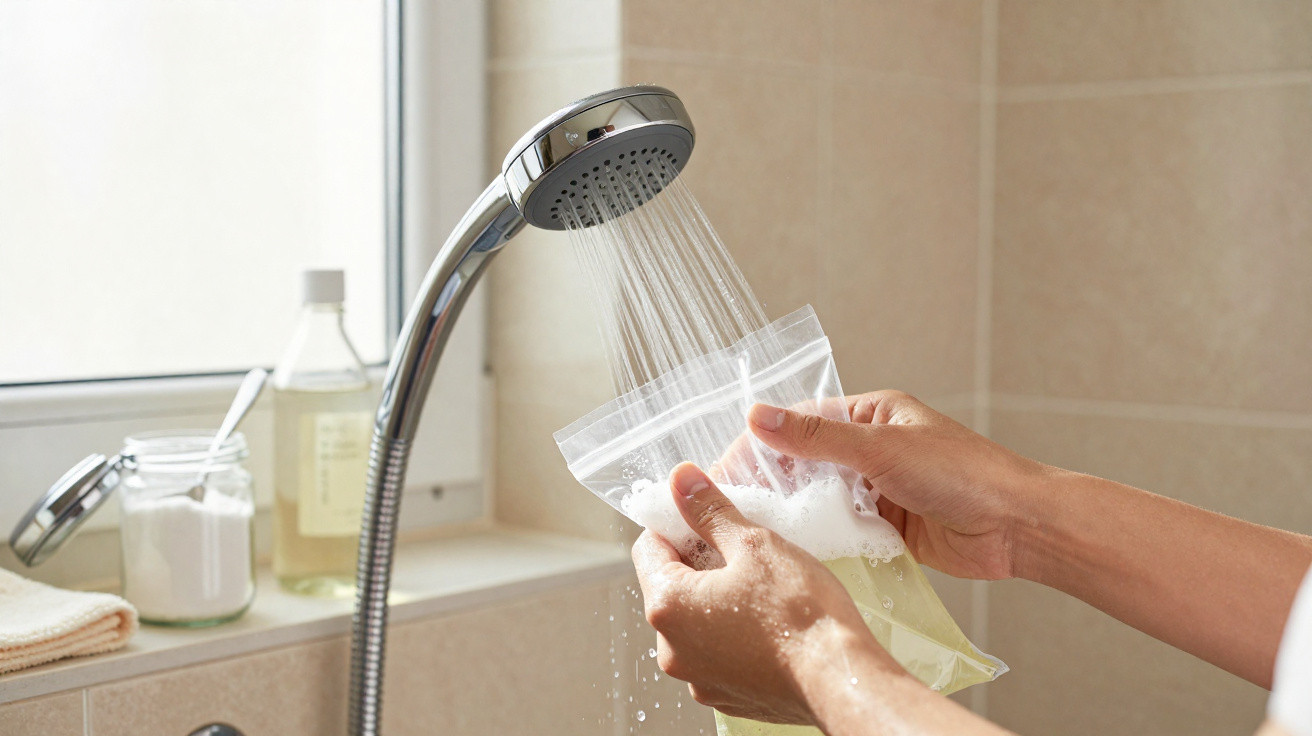 Hands washing a zip-lock bag under a showerhead with water in a bathroom setting.