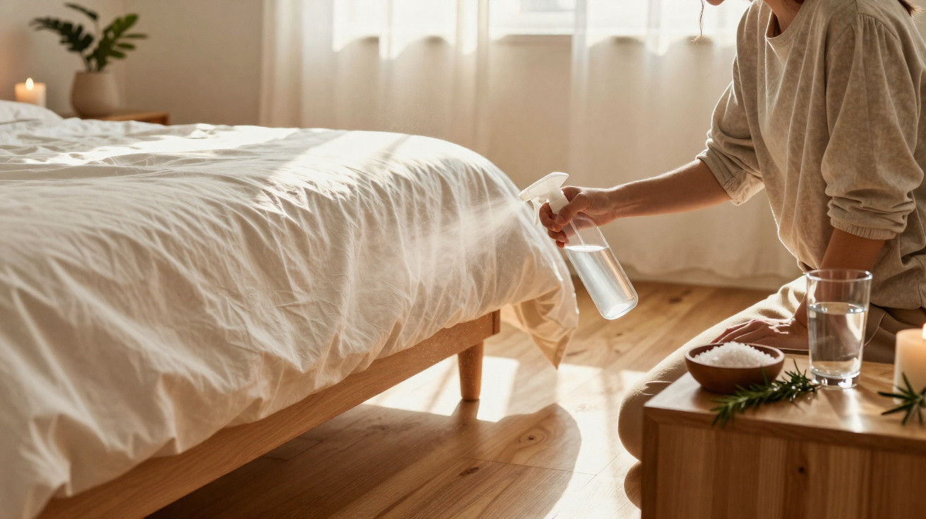 Person misting a wooden bed frame with a spray bottle in a sunlit bedroom.
