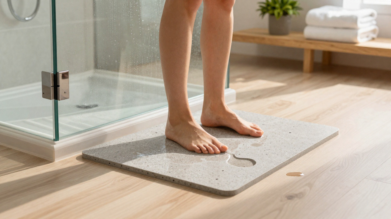 Person standing barefoot on a stone bath mat next to a glass shower in a bright bathroom with wooden flooring.
