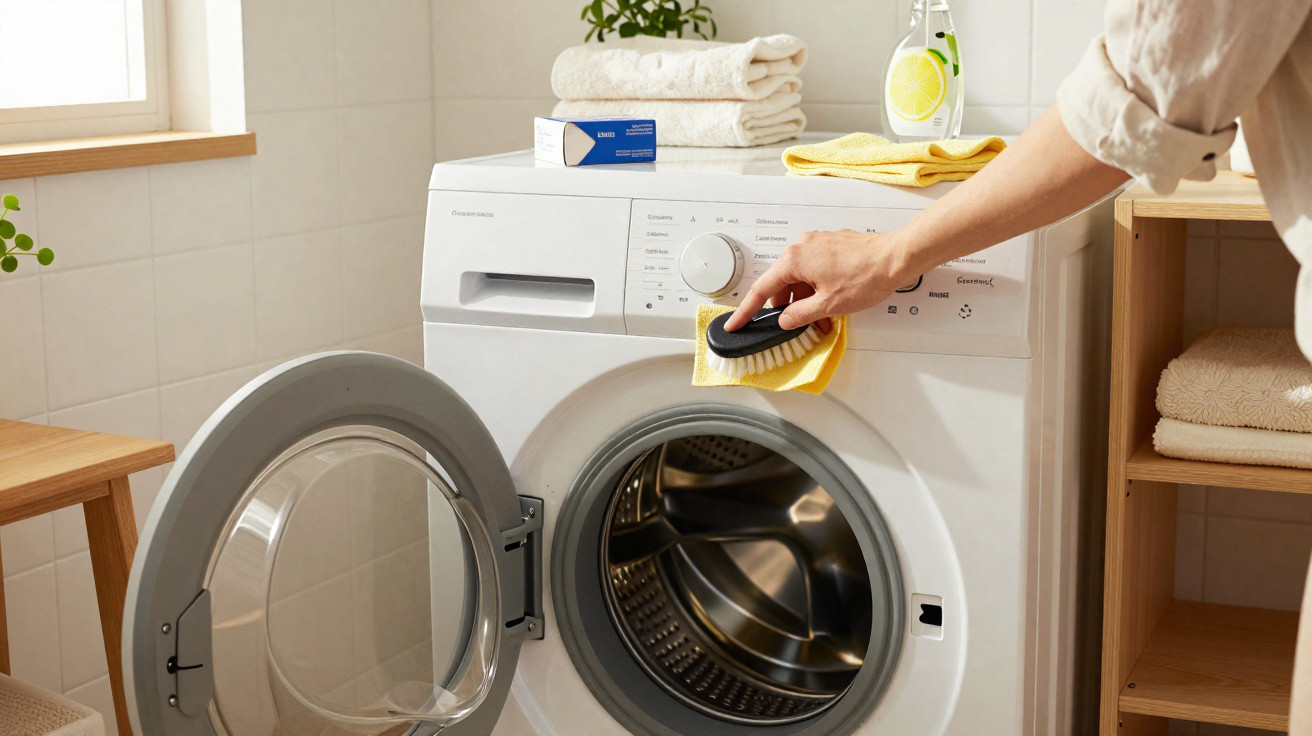 Person cleaning the control panel of a front-loading washing machine in a tidy laundry room