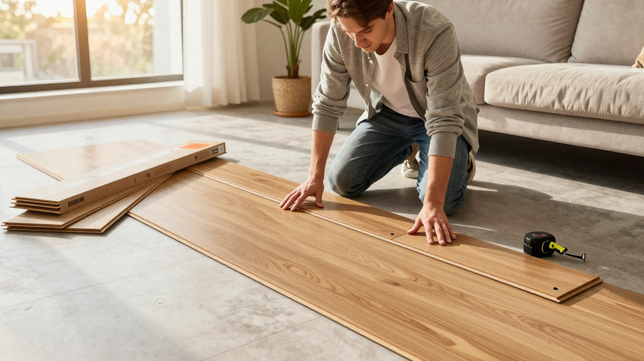 Man kneeling on floor fitting wooden floor panels in bright living room with sofa and plant visible