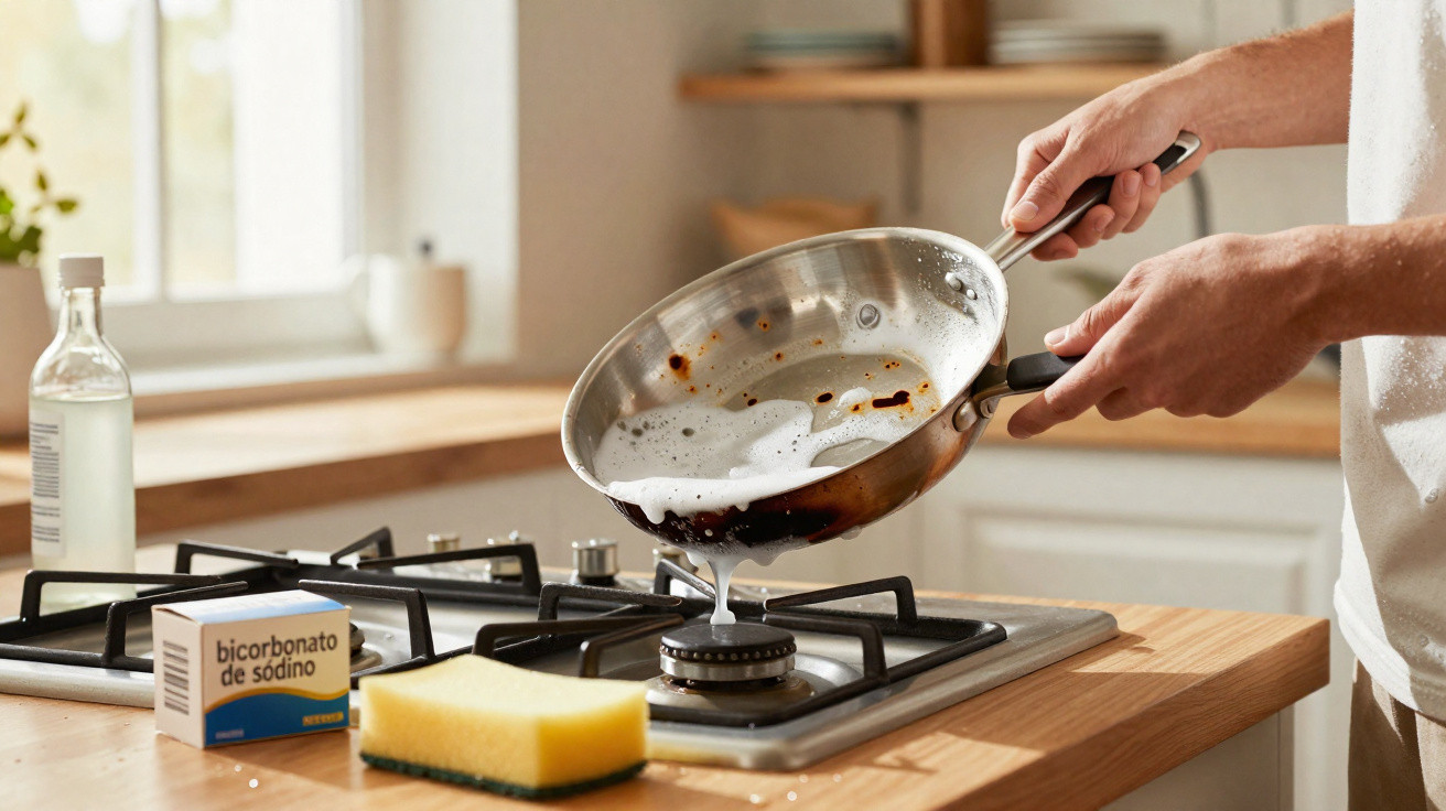Person pouring soapy water from a frying pan into a gas stove burner in a kitchen.