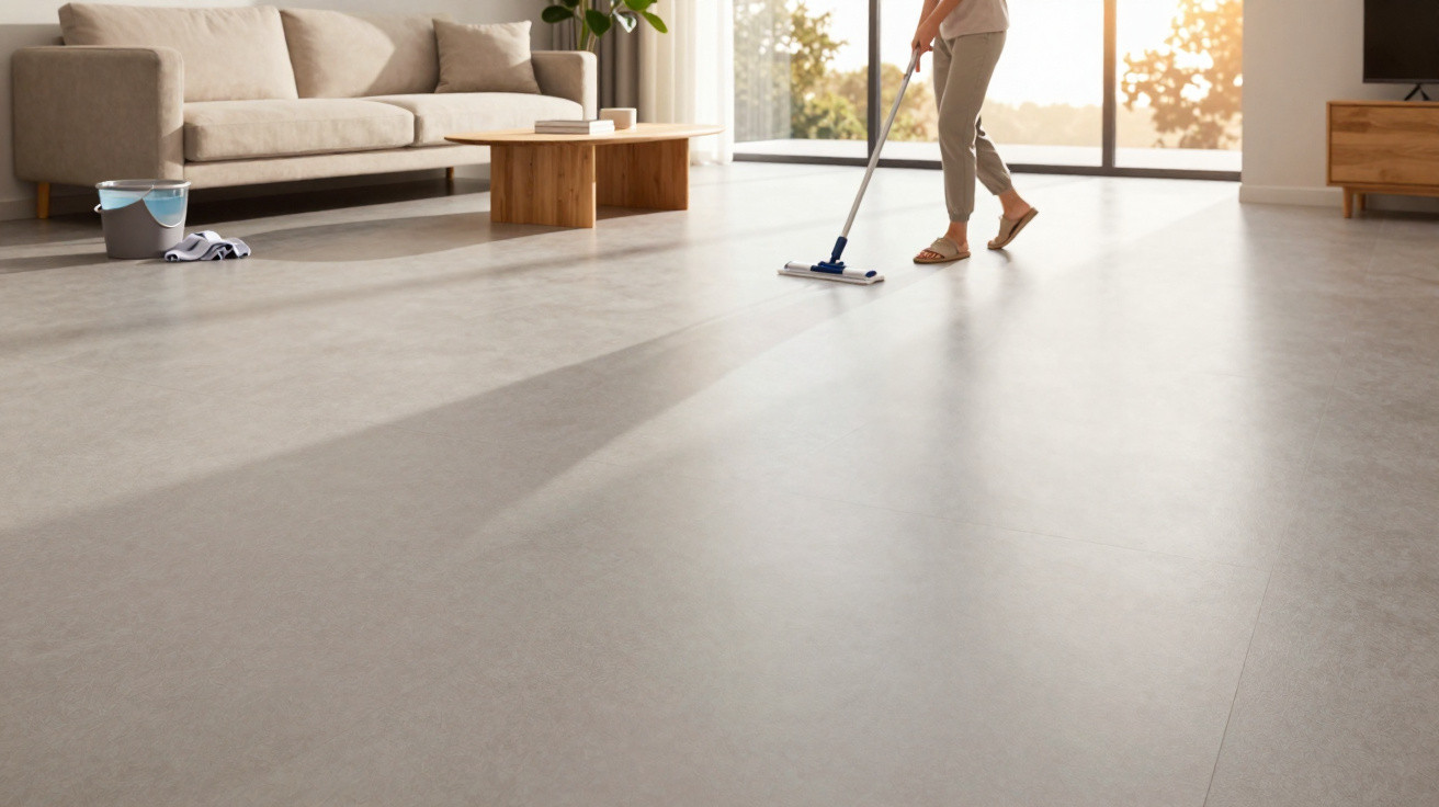 Person mopping a spacious, sunlit living room with grey floor tiles, beige sofa, and wooden furniture.
