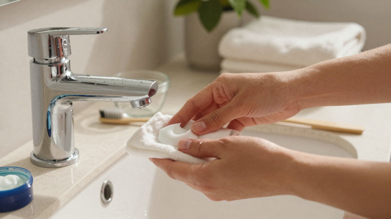 Hands holding a white cloth with foam next to a silver faucet over a bathroom sink with a toothpaste brush nearby.