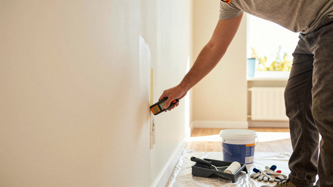 Person using an electronic tool to smooth or prepare a wall for painting in a bright room.