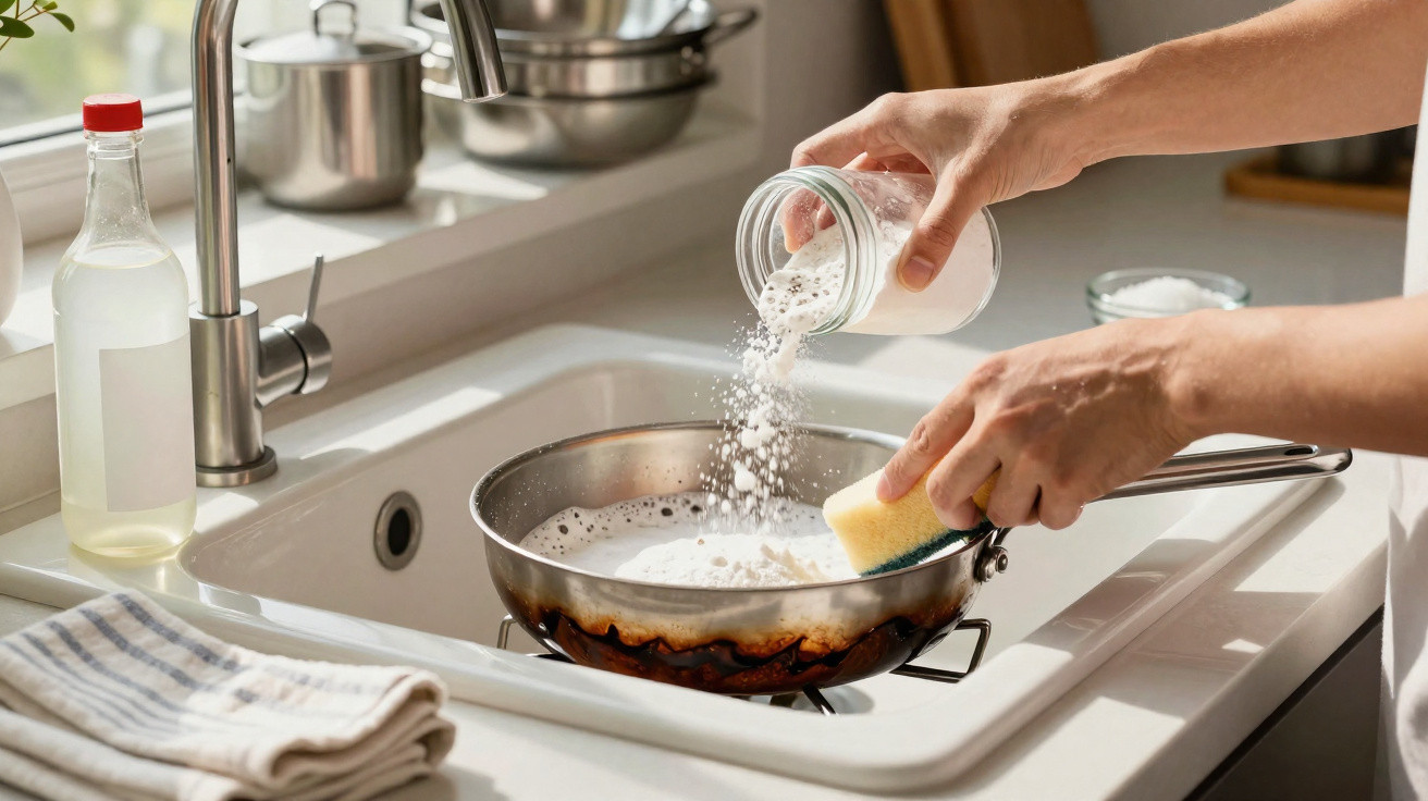 Person pouring white powder into a soapy frying pan in a kitchen sink for cleaning.