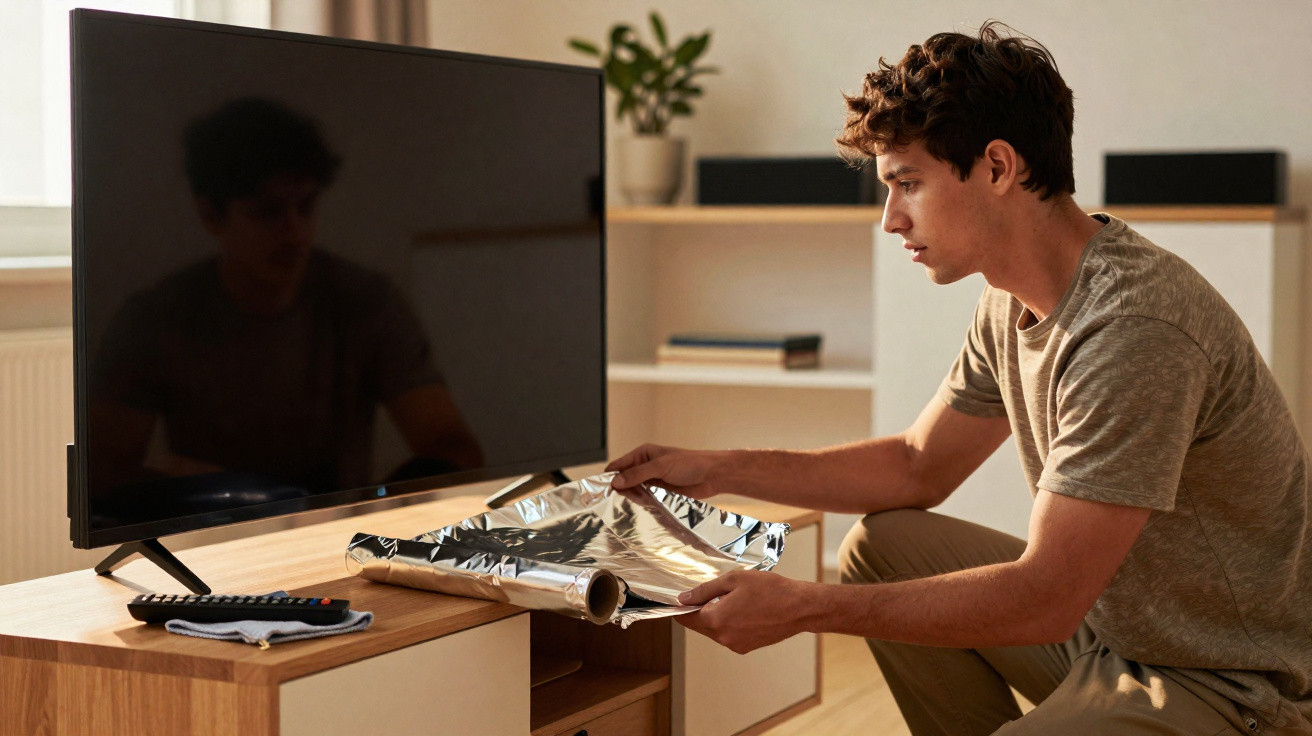 Young man sitting on the floor wrapping aluminium foil around a remote control near a TV in a living room.