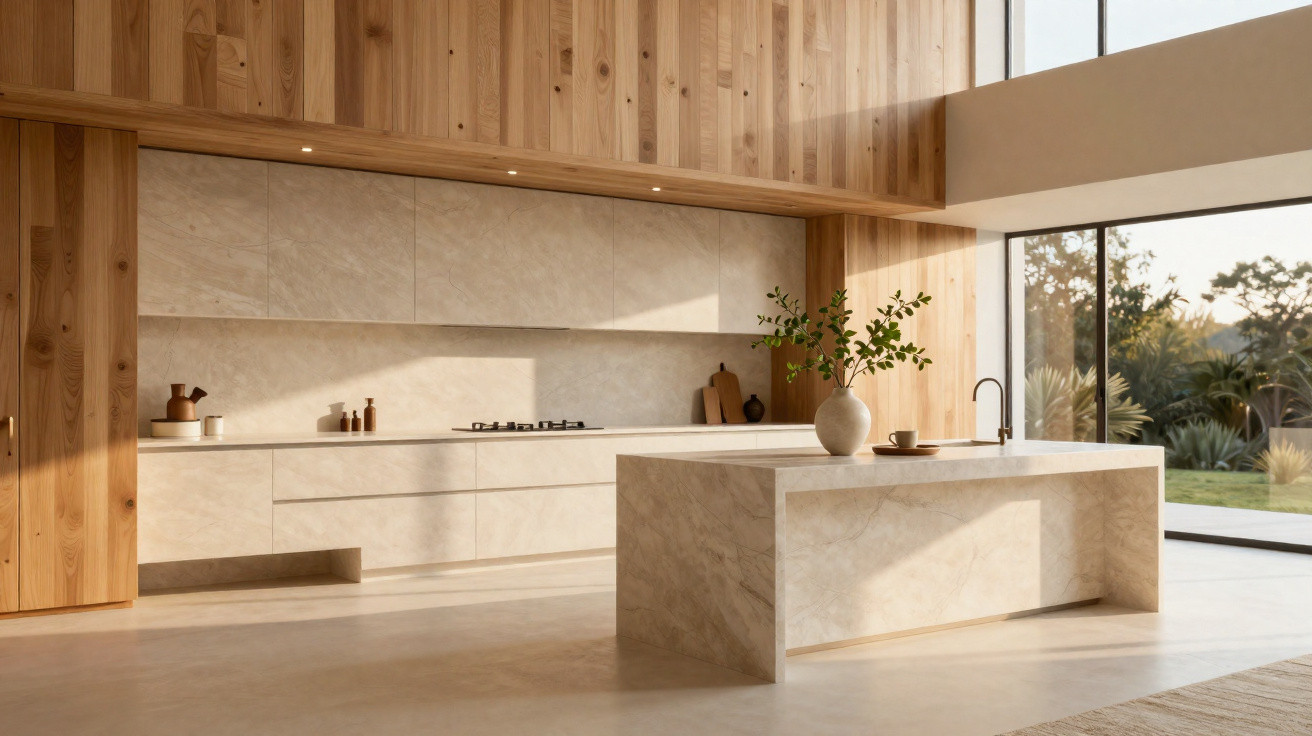 Minimalist kitchen with beige marble island, wooden cabinets, and large window overlooking a garden.
