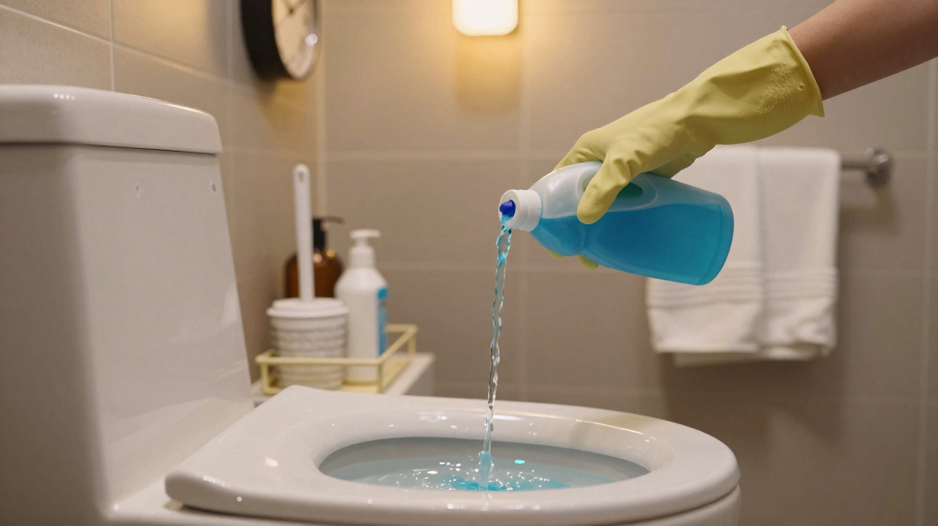Hand wearing yellow glove pouring blue toilet cleaner into a toilet bowl in a bathroom.