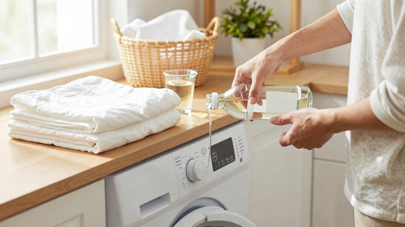Person pouring liquid detergent into a washing machine in a bright laundry room with folded clothes nearby.