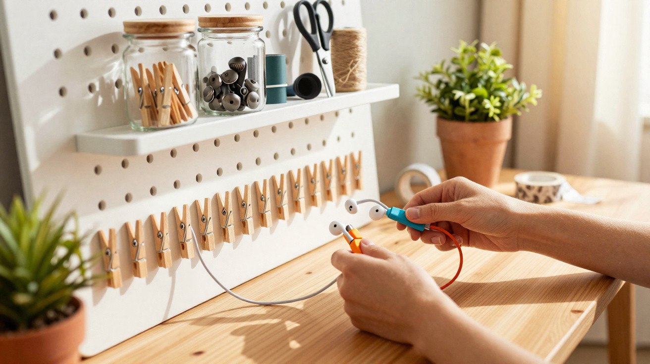Hands holding earphones next to a row of wooden pegs on a tidy wooden desk with plants and craft supplies.