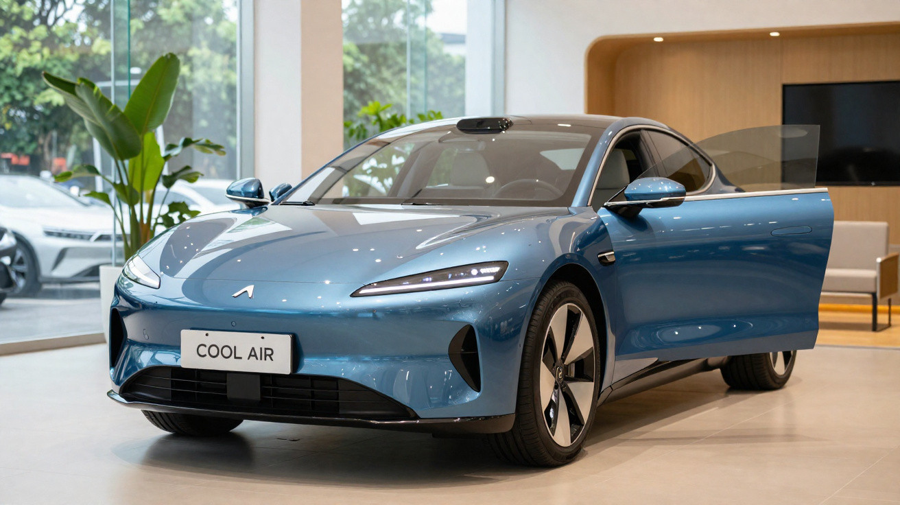 Blue Cool Air electric car with front door open displayed in a modern showroom.