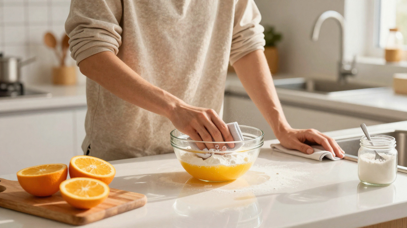 Person wiping glass bowl with orange mixture on a kitchen counter with halved oranges nearby.
