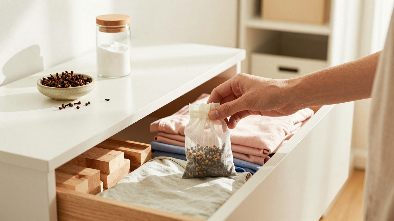 Hand placing a scented sachet with cloves and peppercorns into a drawer with folded clothes.