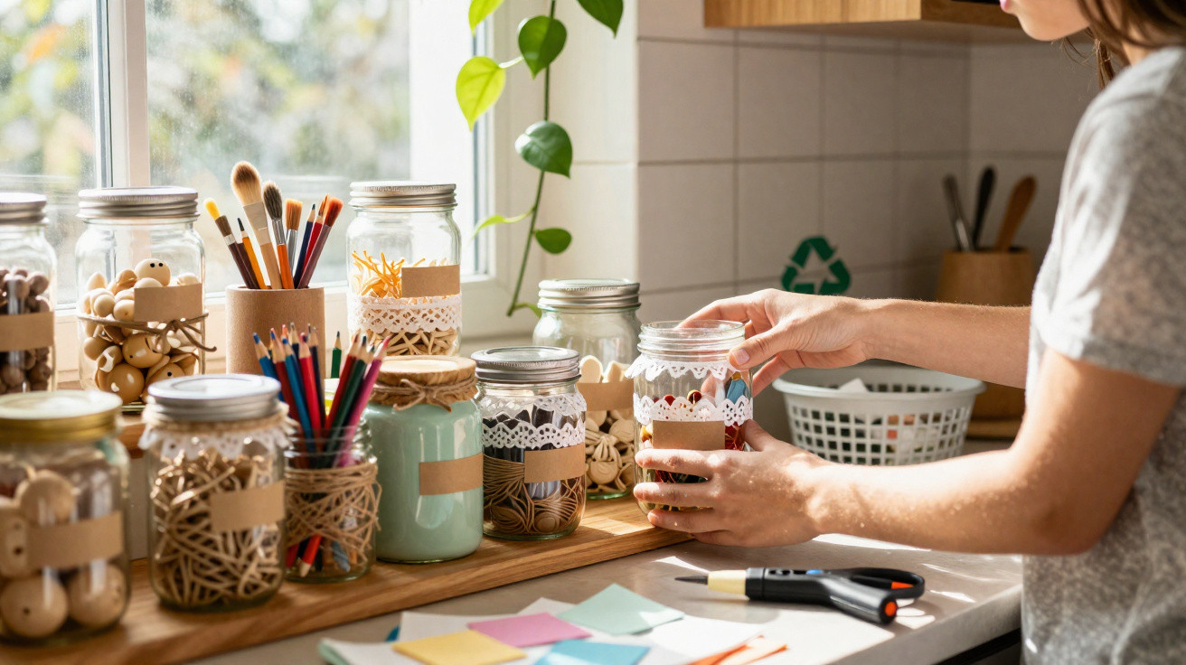 Person organising labelled glass jars filled with craft supplies on a kitchen counter near a window.