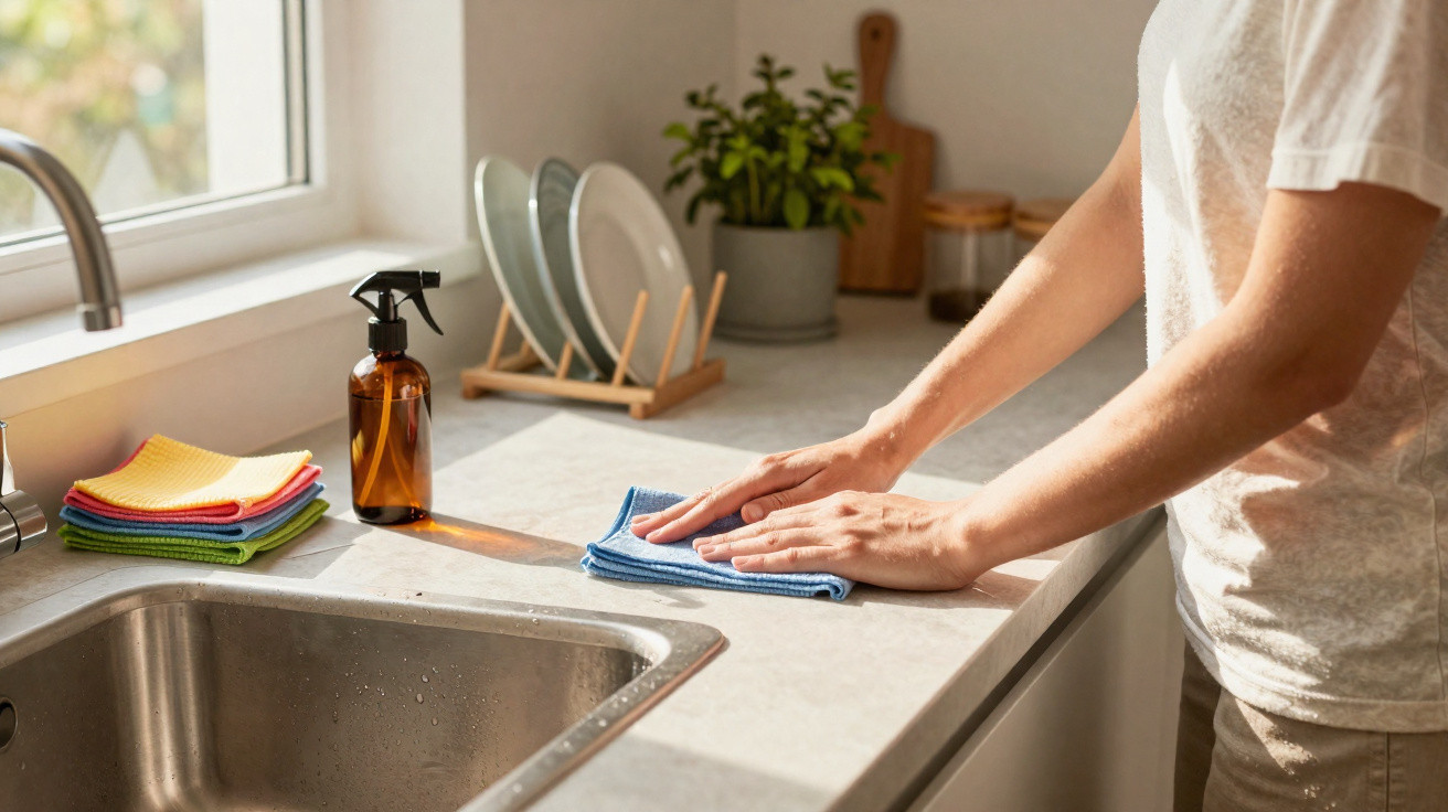 Person wiping a kitchen countertop with a blue cloth beside a sink and stacked colourful cloths near a soap dispenser.