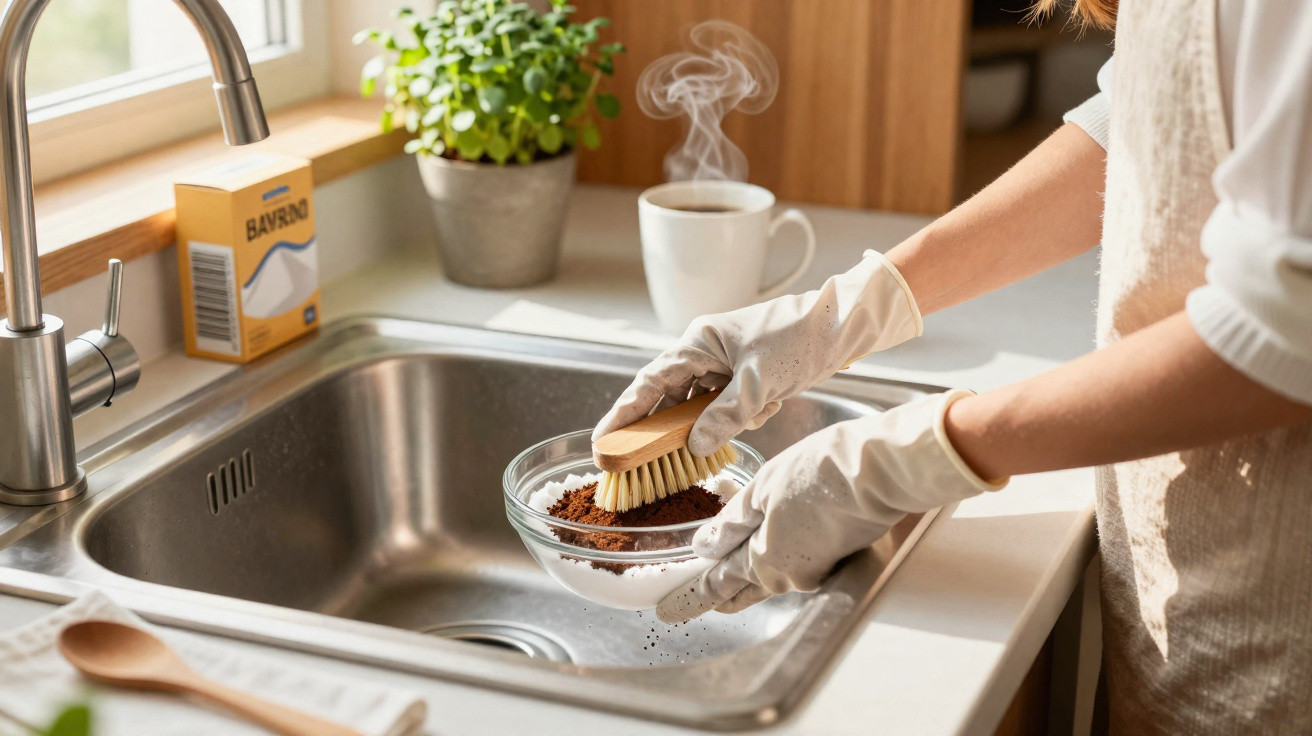 Person wearing rubber gloves scrubbing a glass bowl with coffee grounds over a kitchen sink.