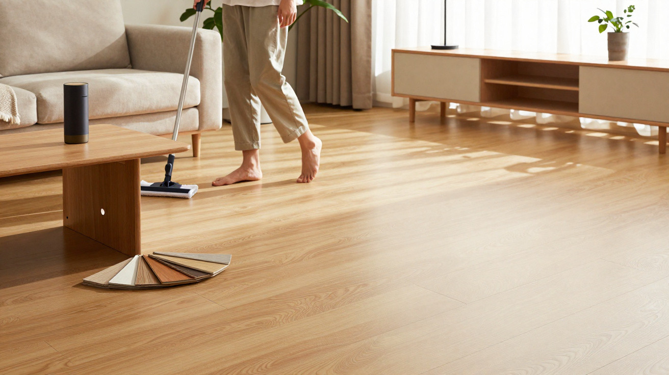 Person mopping a clean, light wood floor in a bright, minimalist living room with wooden furniture.