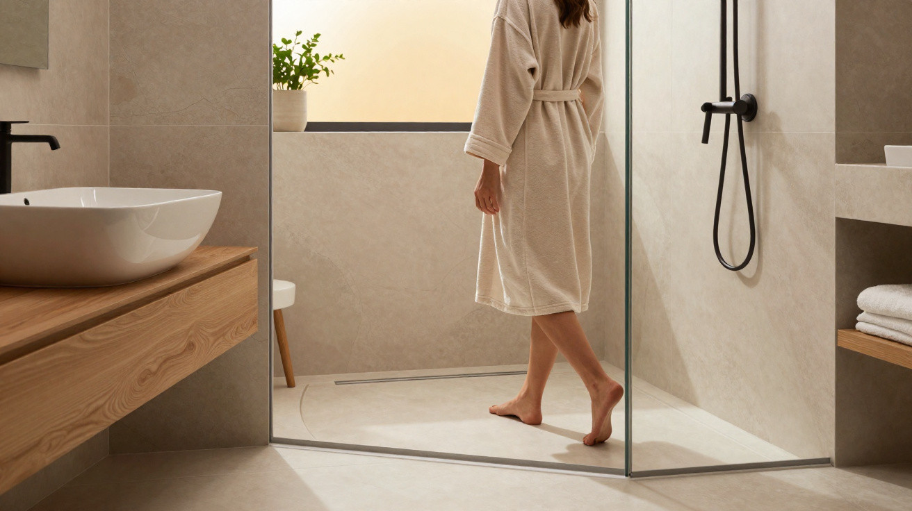 Person in a beige bathrobe stepping into a modern walk-in shower with beige tiles and black fixtures.