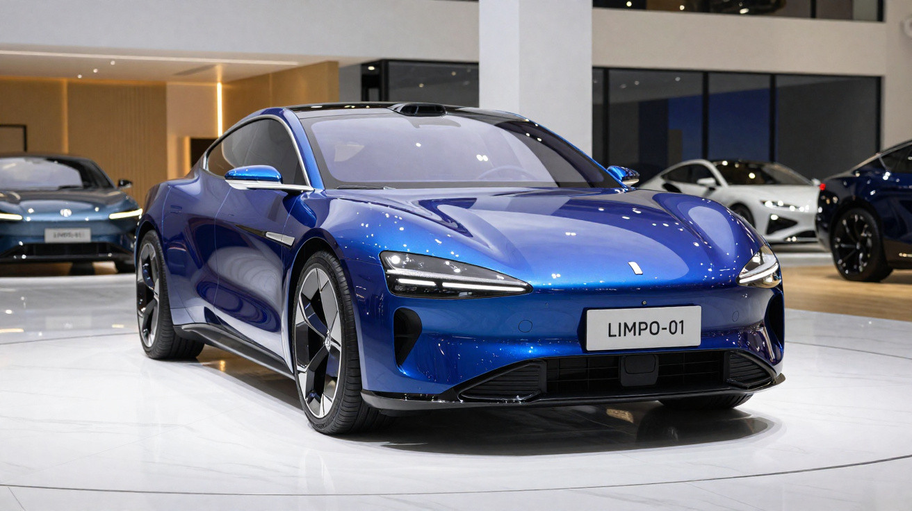 Blue Limpo-01 electric car displayed indoors with sleek design and futuristic headlights.