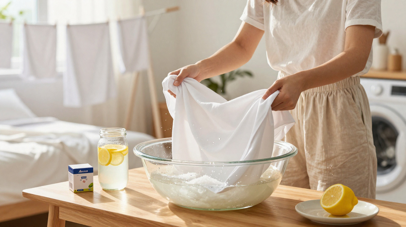 Person hand-washing a white cloth in a glass bowl with lemon and detergent on a wooden table indoors.