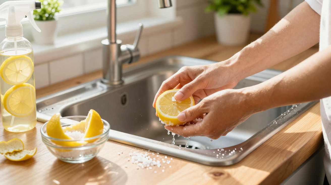 Hands cleaning lemon half with salt by kitchen sink, spray bottle with lemon water and bowl of salt nearby.