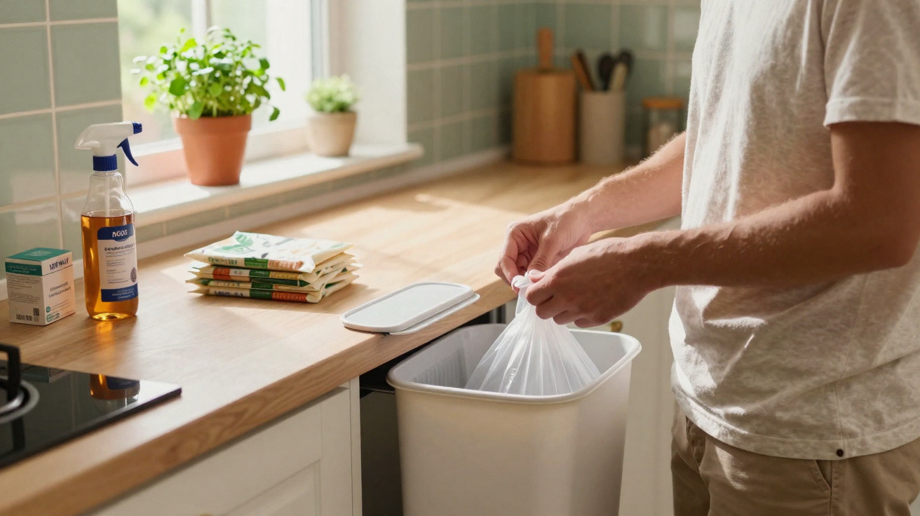 Person tying a plastic bag liner inside a white kitchen bin next to a wooden countertop with plants and cleaning supplies.