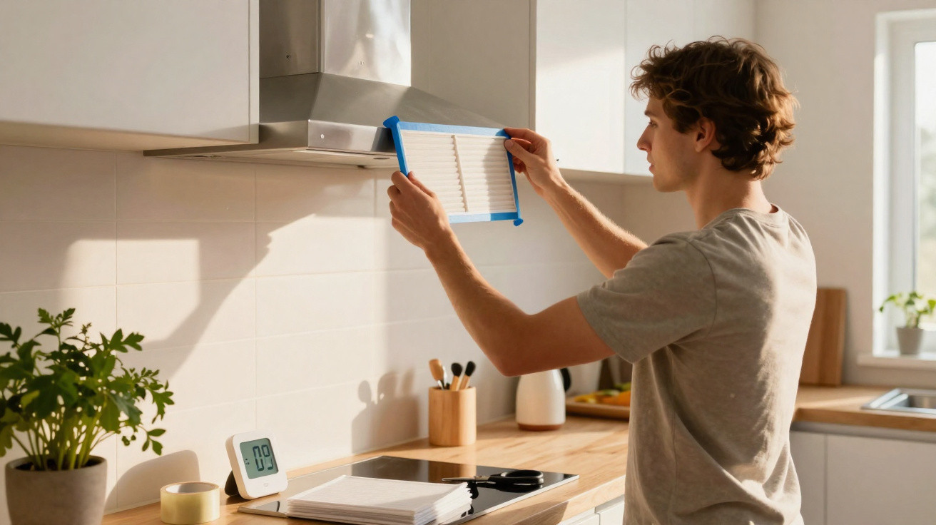 Young man replacing filter in kitchen extractor fan in modern bright kitchen