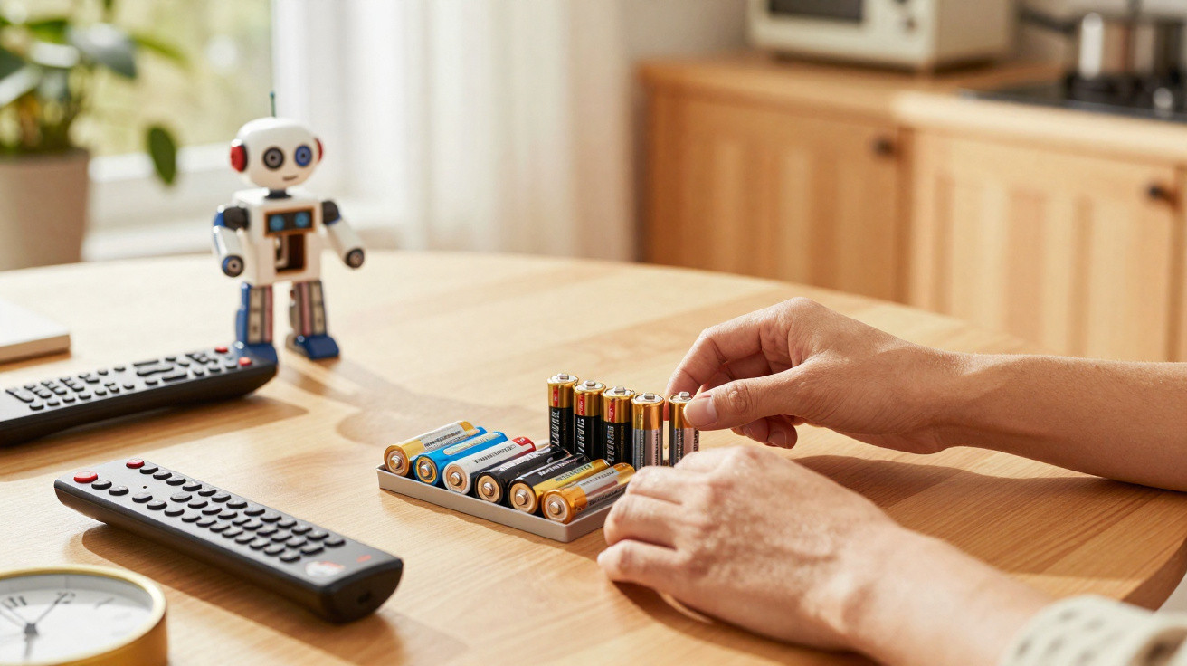 Person arranging AA batteries in a holder on a wooden table with two remote controls and a toy robot nearby.