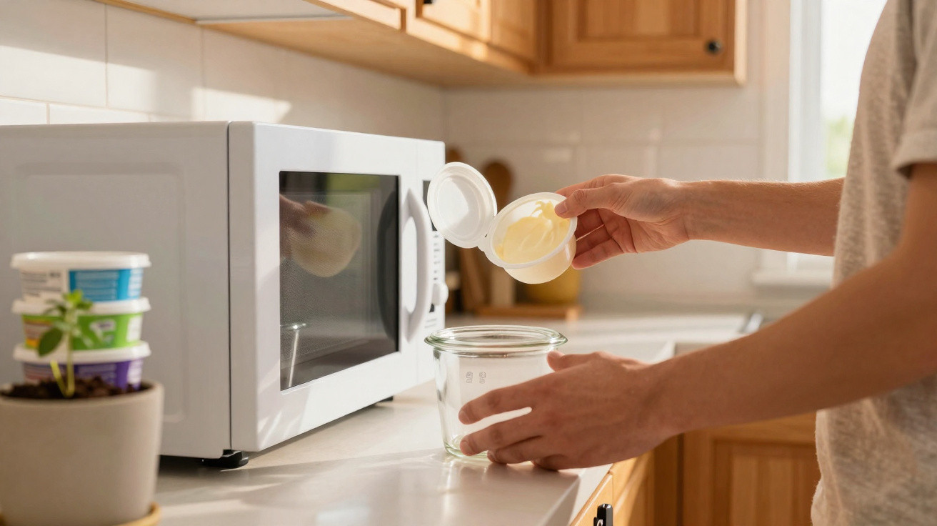 Person holding an open container of butter above a glass bowl on a kitchen counter by a microwave.