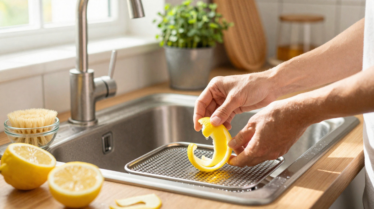 Hands peeling a lemon above a kitchen sink with lemon halves, brush, and a plant on the counter.
