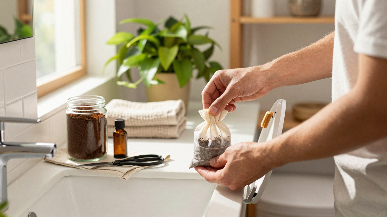 Person holding a cloth coffee filter over a sink with a jar of coffee grounds and scissors nearby.