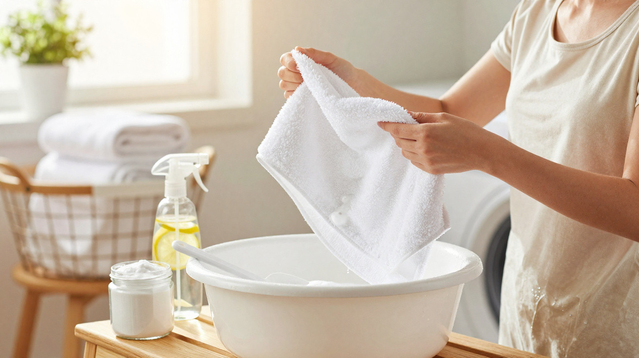 Person washing a white towel by hand in a basin with cleaning supplies nearby in a bright room.