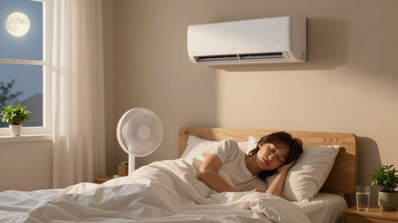 Woman sleeping peacefully in bed with air conditioner and fan in a cosy, softly lit bedroom at night.