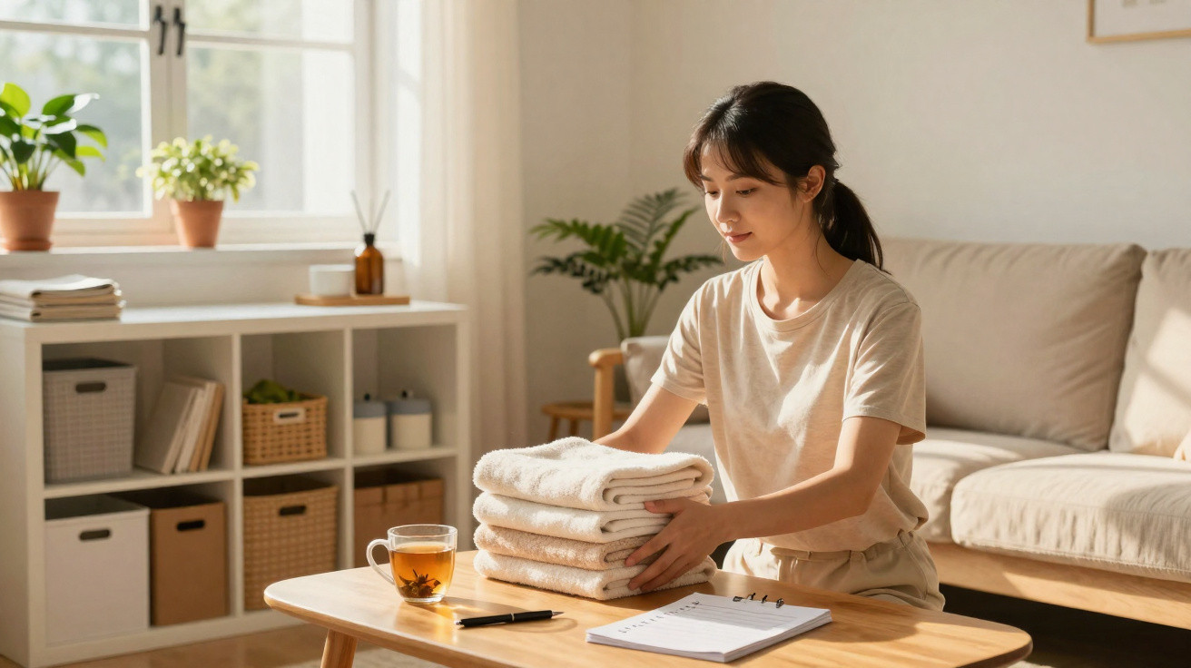 Young woman folding clean towels at wooden table in bright, cosy living room with plants and tea cup.