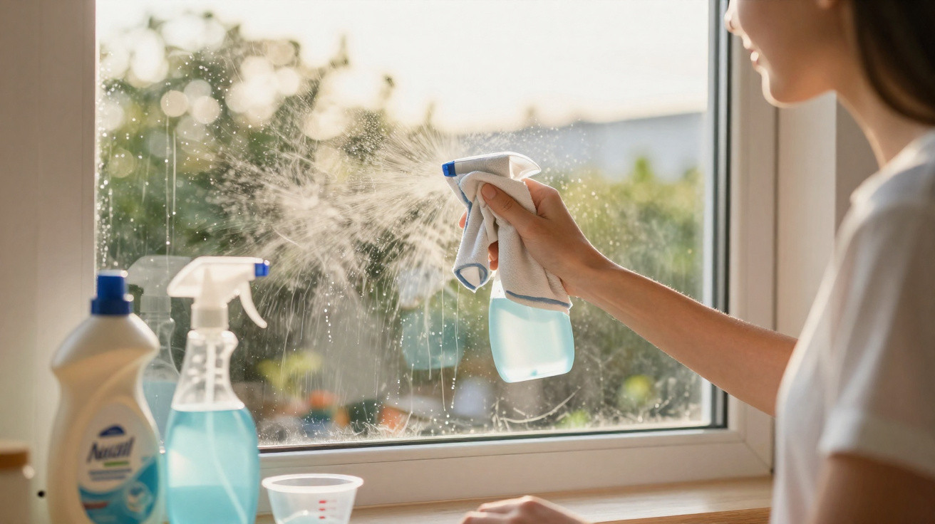 Person cleaning a window with a spray bottle and cloth on a sunny day with cleaning supplies nearby.