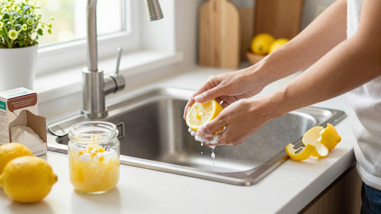 Person squeezing lemon over kitchen sink with lemons and jar of lemon zest on counter