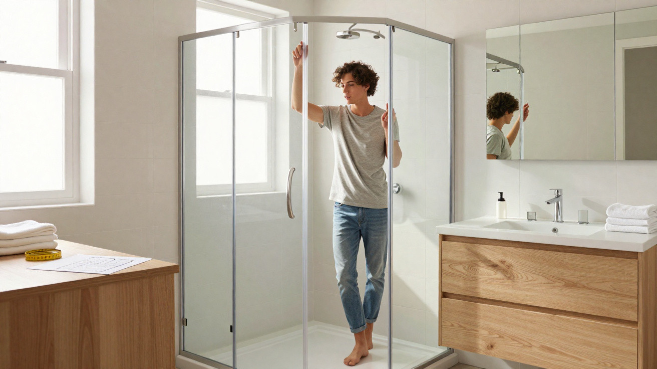 Person opening a glass shower door in a bright modern bathroom with wooden cabinets and large window.