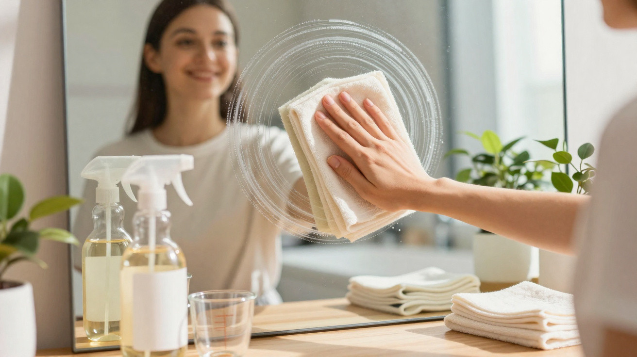Person cleaning a mirror with a cloth in a bright room with plants and cleaning spray bottles on the table.