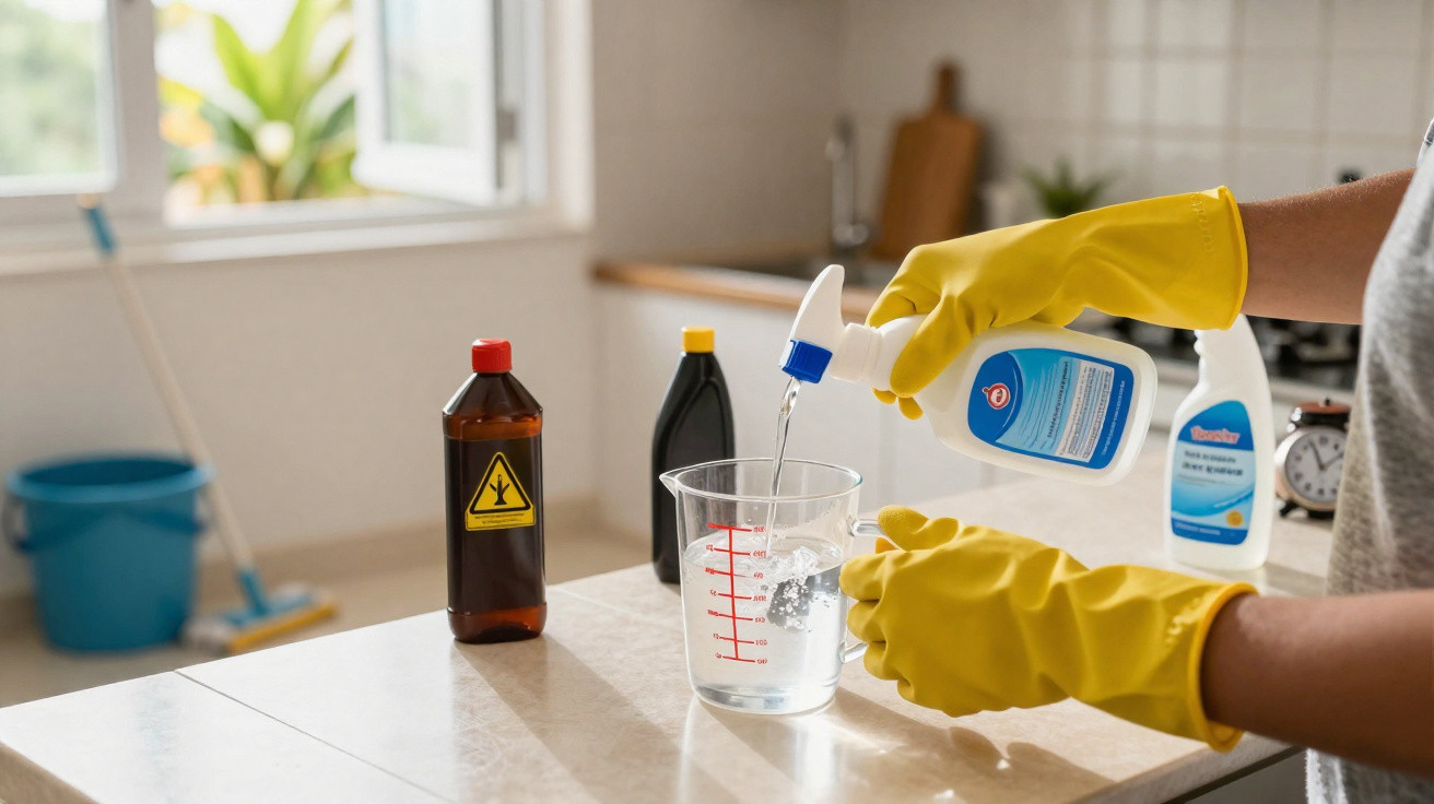 Person wearing yellow gloves pouring liquid from a bottle into a measuring cup on a kitchen counter.