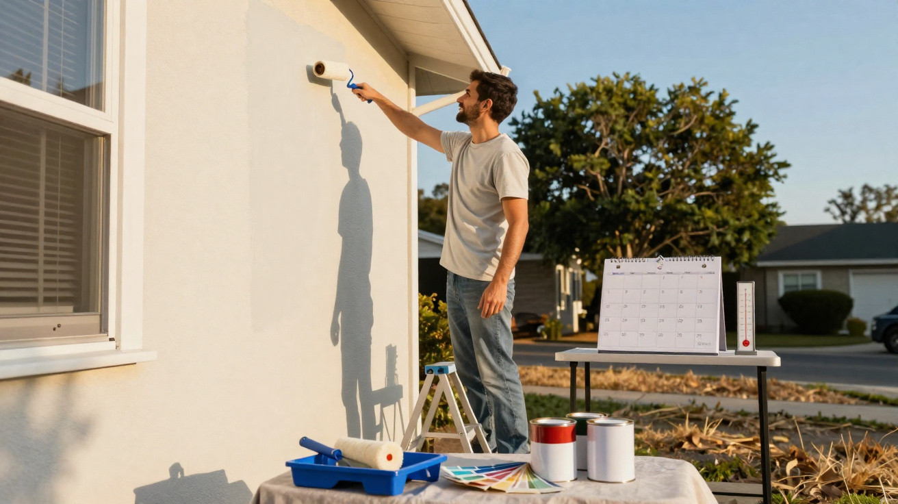 Man painting an exterior wall white with a roller on a sunny day, with paint cans and colour swatches nearby.