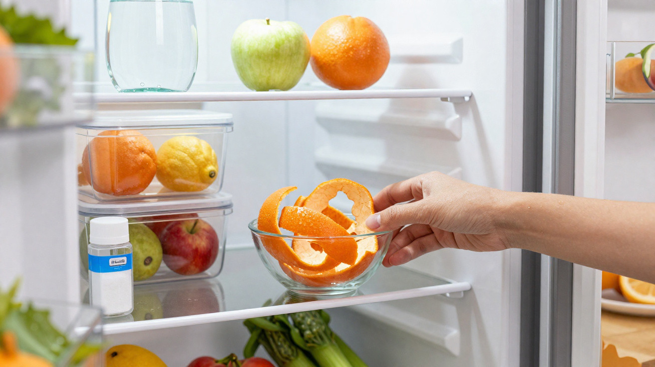 Hand placing a glass bowl with orange peels inside a fridge containing fruit and a bottle of medicine.
