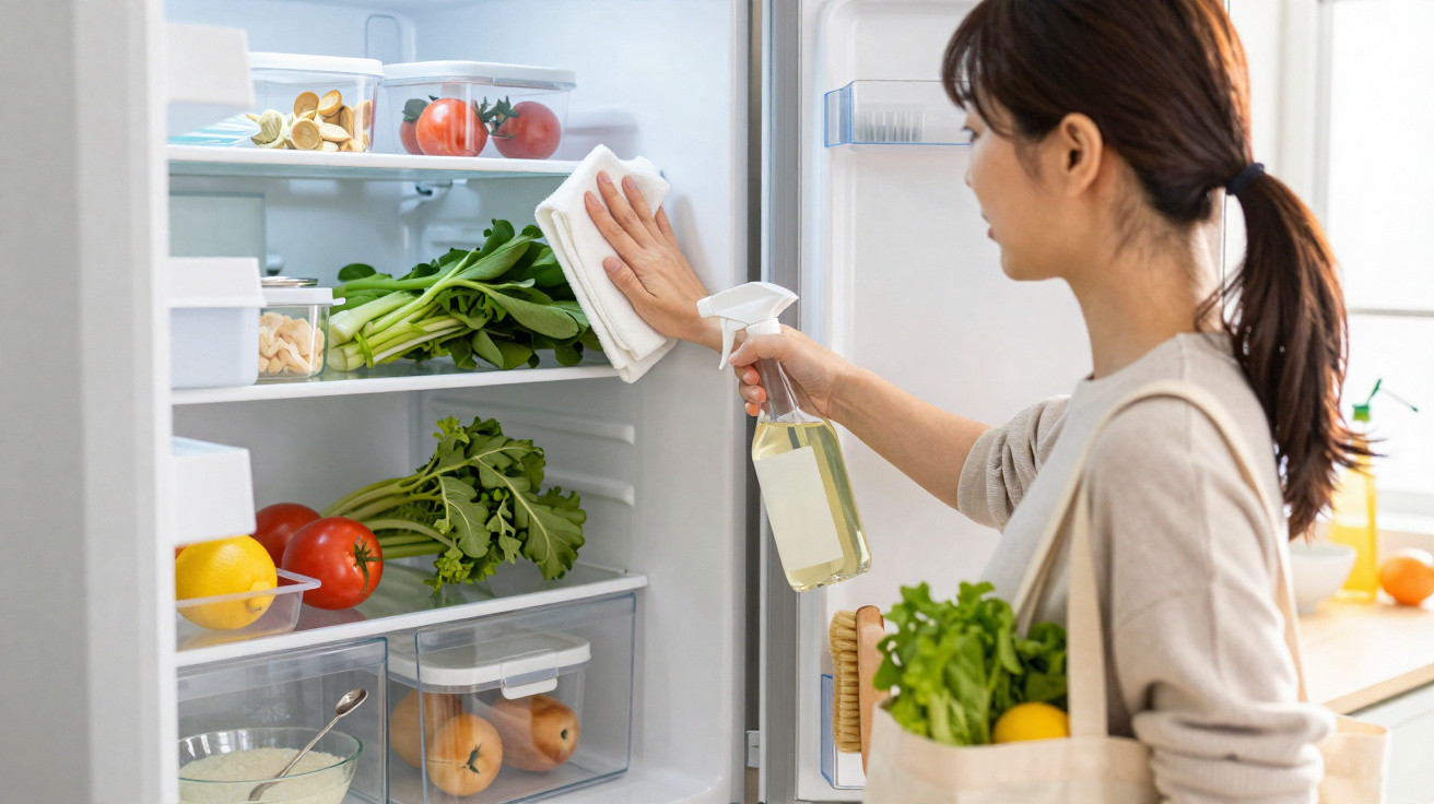 Woman cleaning the inside of a fridge with a spray bottle and cloth, holding a tote bag with groceries.